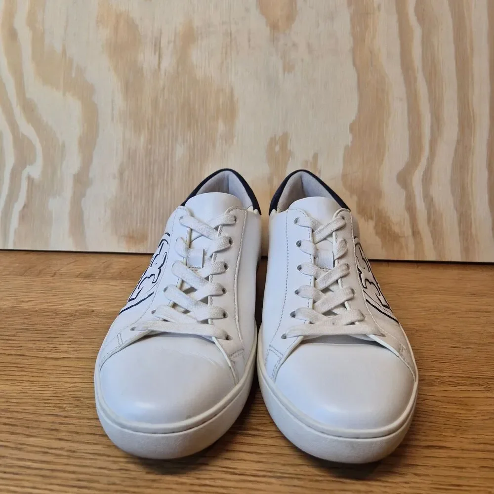 Tory Burch Women's T Logo Leather Sneakers White Navy Size 7M Low Top